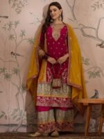 Glamorous Pink Embroidered Chinon Kurta Palazzo Set with Dupatta