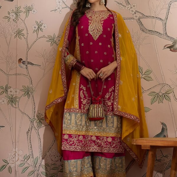 Glamorous Pink Embroidered Chinon Kurta Palazzo Set with Dupatta