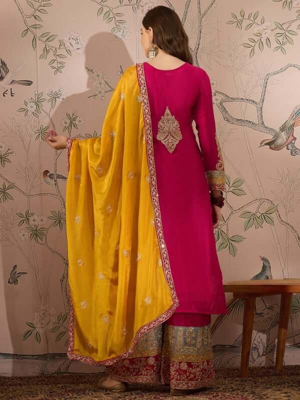 Glamorous Pink Embroidered Chinon Kurta Palazzo Set with Dupatta