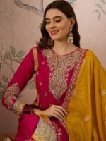 Glamorous Pink Embroidered Chinon Kurta Palazzo Set with Dupatta