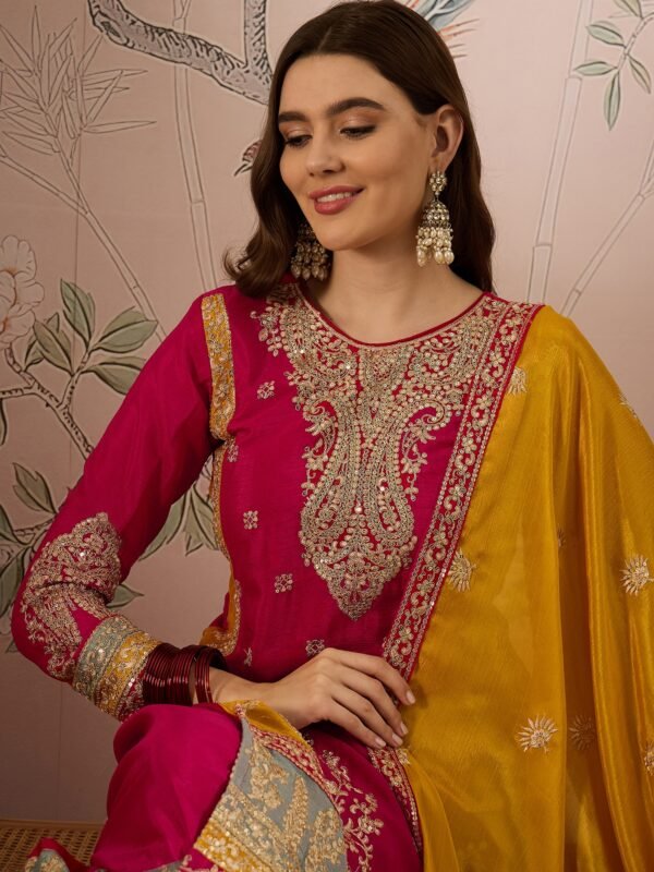 Glamorous Pink Embroidered Chinon Kurta Palazzo Set with Dupatta
