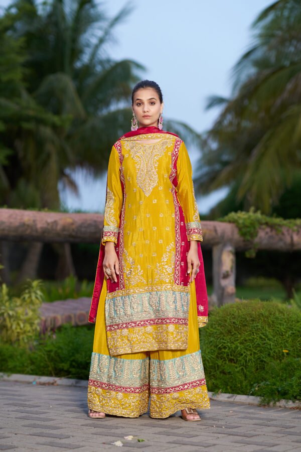 Glamorous Pink Embroidered Chinon Kurta Palazzo Set with Dupatta