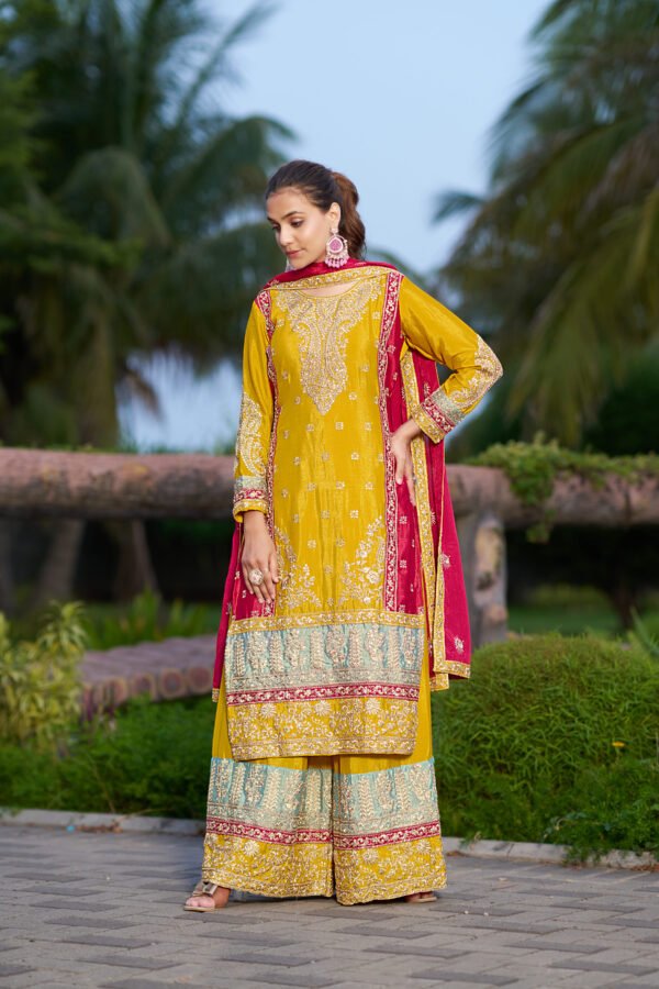 Glamorous Pink Embroidered Chinon Kurta Palazzo Set with Dupatta