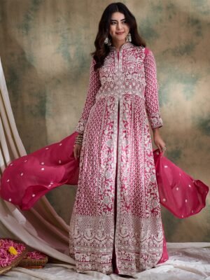 Magnificent Rama Embroidered Vichitra Silk Anarkali Lehenga Set with Dupatta