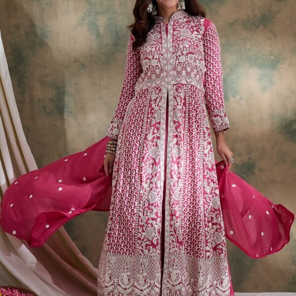 Magnificent Rama Embroidered Vichitra Silk Anarkali Lehenga Set with Dupatta