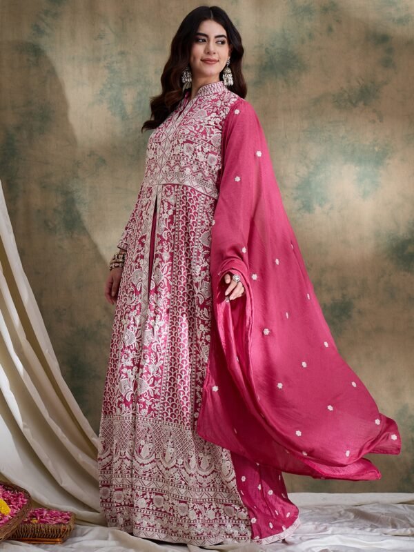 Magnificent Rama Embroidered Vichitra Silk Anarkali Lehenga Set with Dupatta