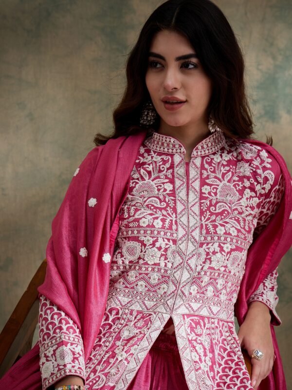 Magnificent Rama Embroidered Vichitra Silk Anarkali Lehenga Set with Dupatta