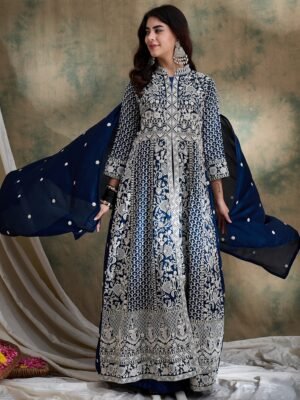 Magnificent Rama Embroidered Vichitra Silk Anarkali Lehenga Set with Dupatta