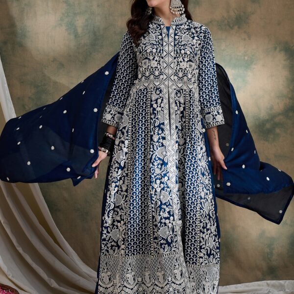 Magnificent Rama Embroidered Vichitra Silk Anarkali Lehenga Set with Dupatta