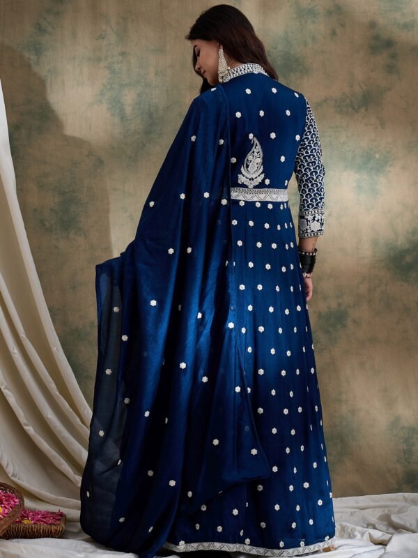Magnificent Rama Embroidered Vichitra Silk Anarkali Lehenga Set with Dupatta