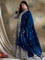 Magnificent Rama Embroidered Vichitra Silk Anarkali Lehenga Set with Dupatta