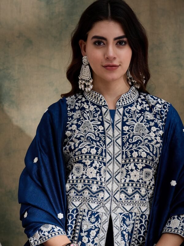 Magnificent Rama Embroidered Vichitra Silk Anarkali Lehenga Set with Dupatta