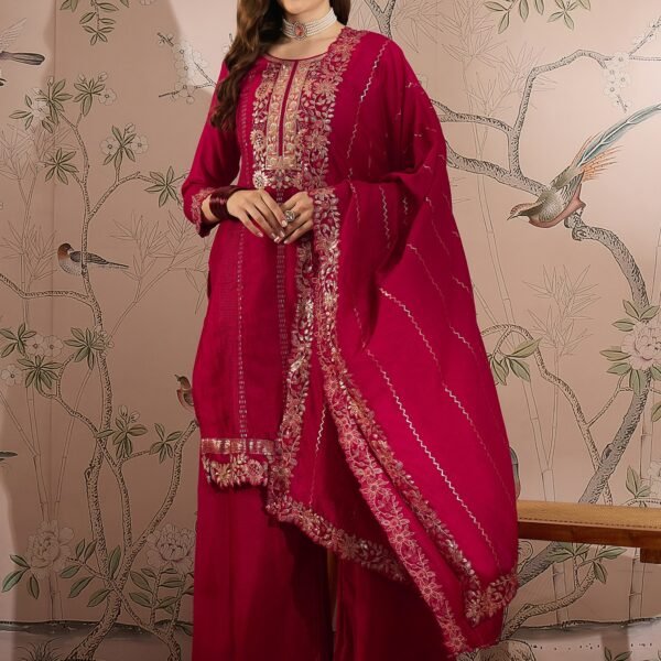 Dark Pink Vichitra Silk Kurta Palazzo Set with Embroidered Dupatta