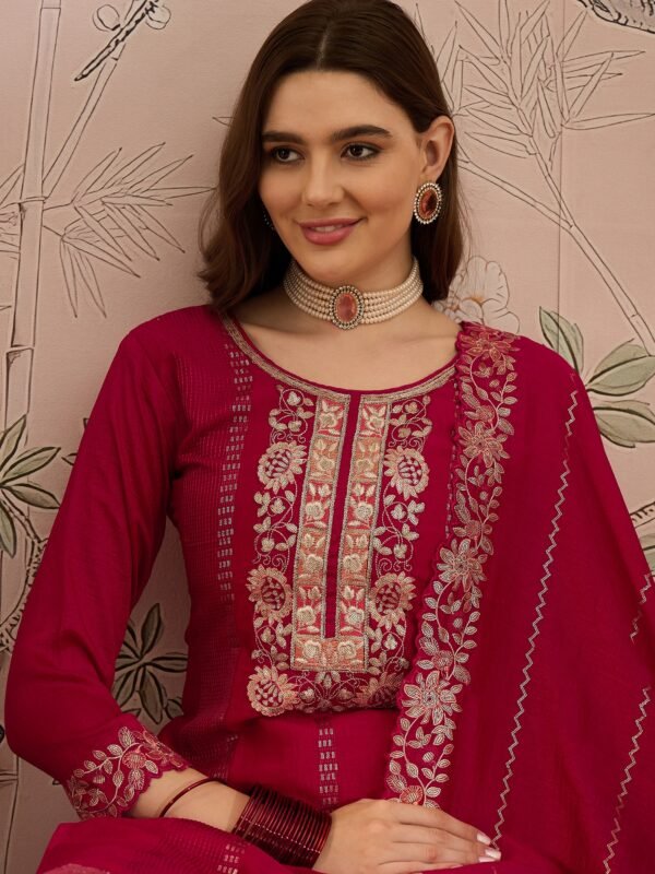 Dark Pink Vichitra Silk Kurta Palazzo Set with Embroidered Dupatta