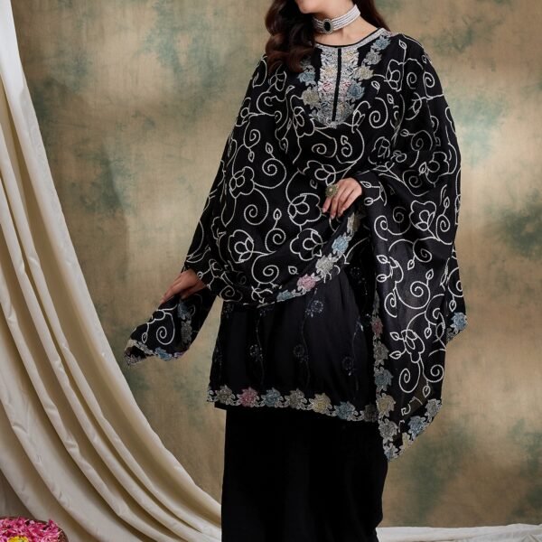 Spellbinding Black Embroidered Vichitra Silk Kurta Palazzo Set with Dupatta