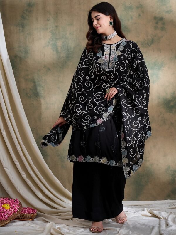Spellbinding Black Embroidered Vichitra Silk Kurta Palazzo Set with Dupatta