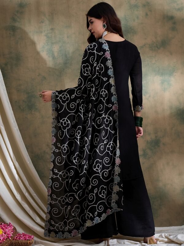 Spellbinding Black Embroidered Vichitra Silk Kurta Palazzo Set with Dupatta