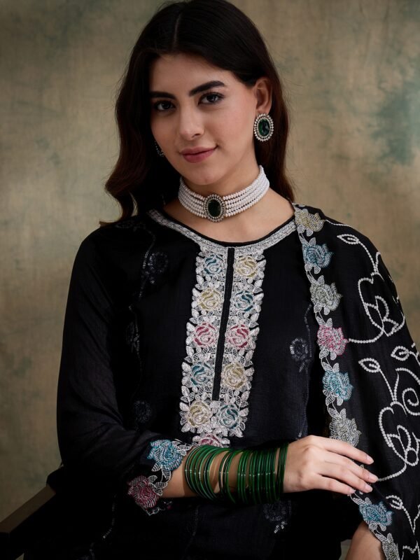 Spellbinding Black Embroidered Vichitra Silk Kurta Palazzo Set with Dupatta