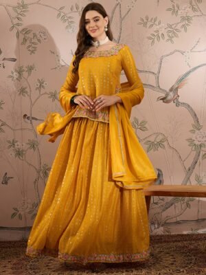 Radiant Yellow Chinon Embroidered Kurta & Lehenga Set