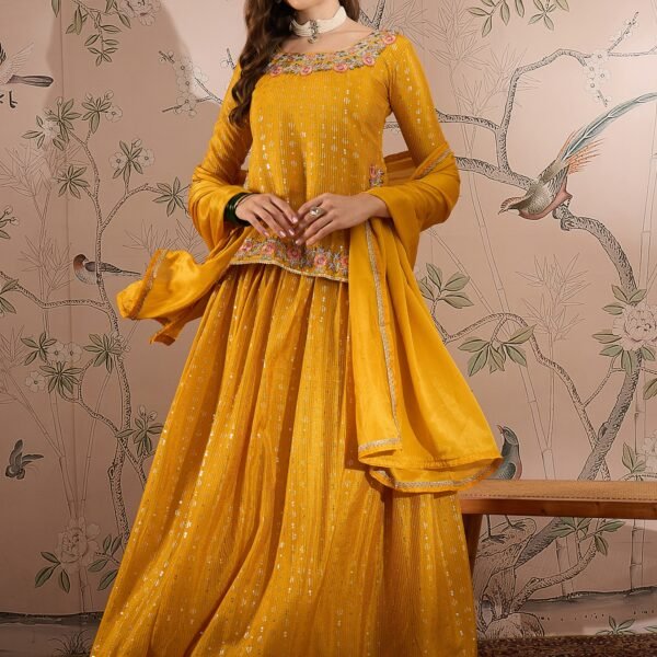 Radiant Yellow Chinon Embroidered Kurta & Lehenga Set