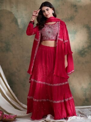 Pink Chinon Lehenga Choli with Embroidered Jacket & Dupatta