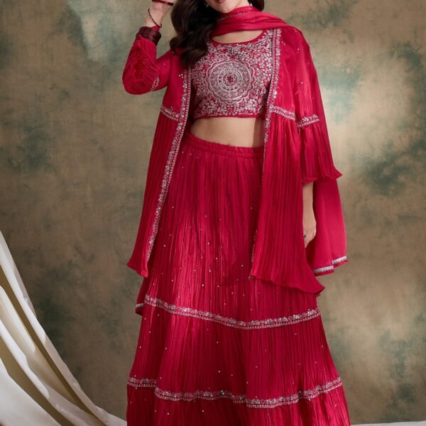 Pink Chinon Lehenga Choli with Embroidered Jacket & Dupatta