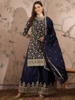 Regal Blue Embroidered Chinon Kurta Palazzo Set with Dupatta