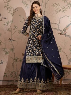 Regal Blue Embroidered Chinon Kurta Palazzo Set with Dupatta