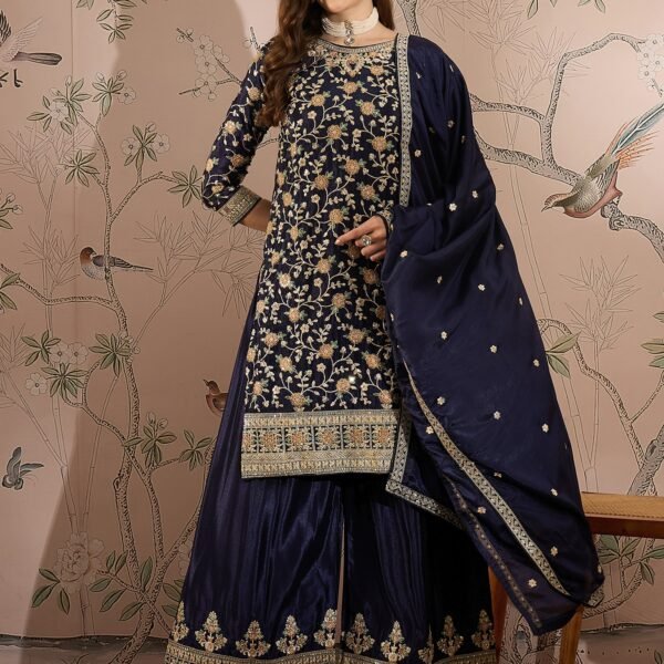Regal Blue Embroidered Chinon Kurta Palazzo Set with Dupatta