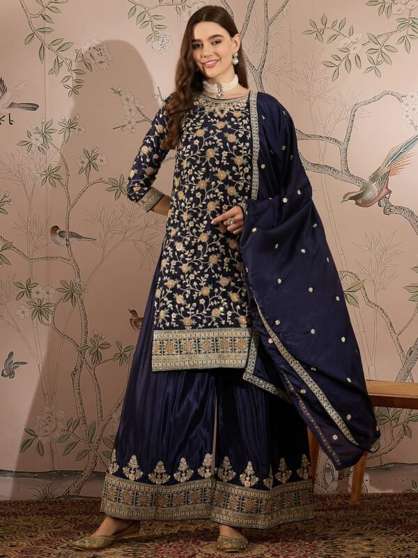 Regal Blue Embroidered Chinon Kurta Palazzo Set with Dupatta