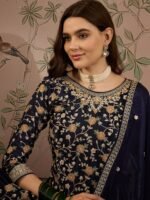 Regal Blue Embroidered Chinon Kurta Palazzo Set with Dupatta