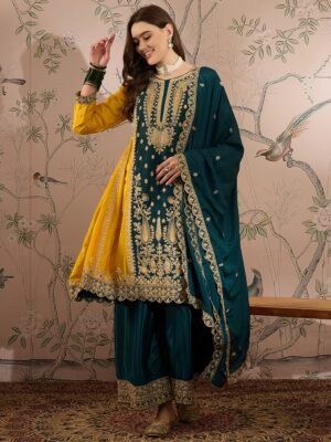 Exquisite Yellow & Teal Chinon Embroidered Anarkali Set