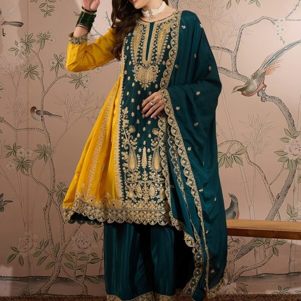 Exquisite Yellow & Teal Chinon Embroidered Anarkali Set