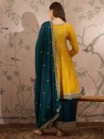 Exquisite Yellow & Teal Chinon Embroidered Anarkali Set