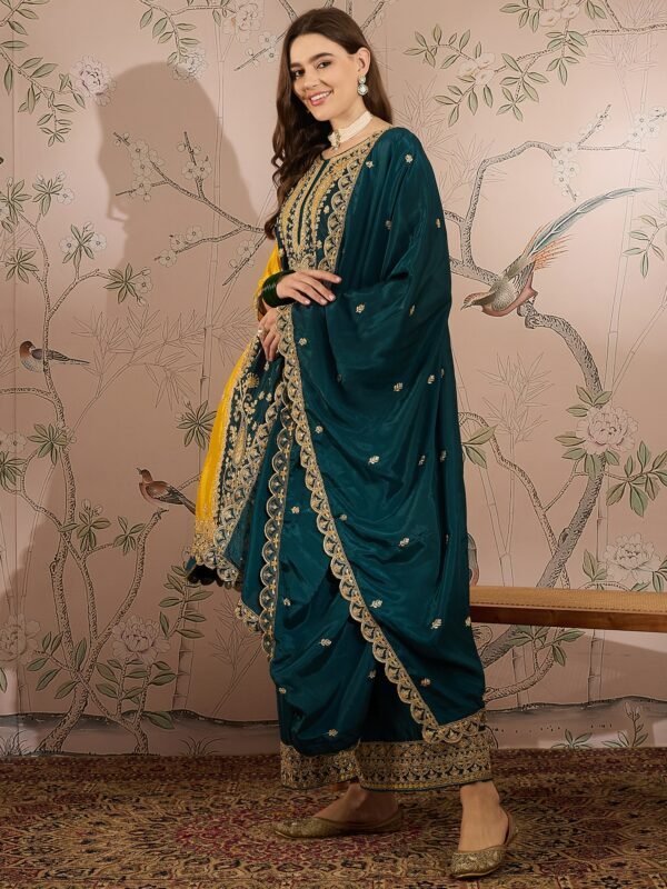 Exquisite Yellow & Teal Chinon Embroidered Anarkali Set