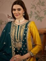 Exquisite Yellow & Teal Chinon Embroidered Anarkali Set