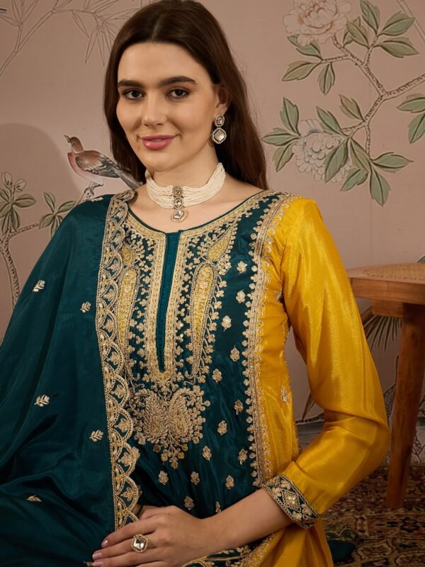 Exquisite Yellow & Teal Chinon Embroidered Anarkali Set