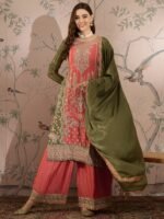 Splendid Peach Embroidered Chinon Kurta Palazzo Set with Dupatta