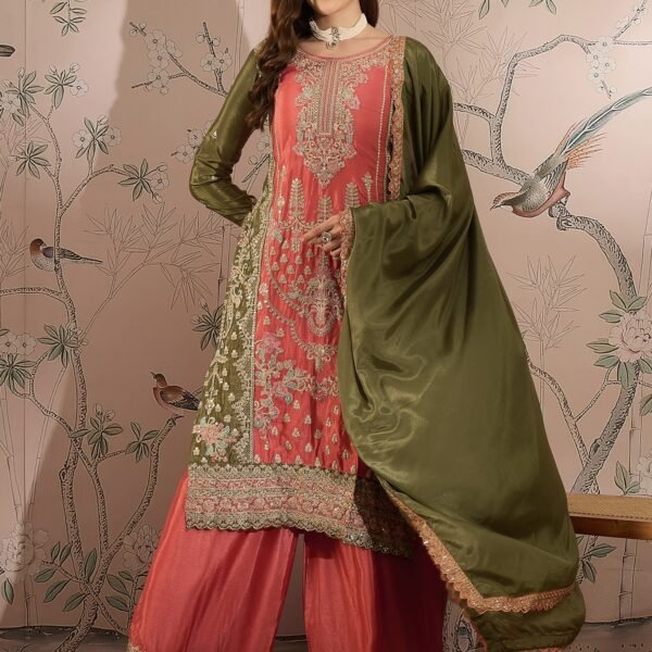 Splendid Peach Embroidered Chinon Kurta Palazzo Set with Dupatta