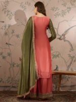 Splendid Peach Embroidered Chinon Kurta Palazzo Set with Dupatta