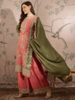 Splendid Peach Embroidered Chinon Kurta Palazzo Set with Dupatta