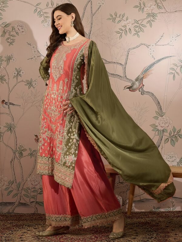 Splendid Peach Embroidered Chinon Kurta Palazzo Set with Dupatta