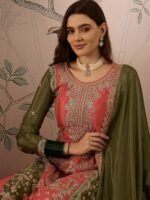 Splendid Peach Embroidered Chinon Kurta Palazzo Set with Dupatta