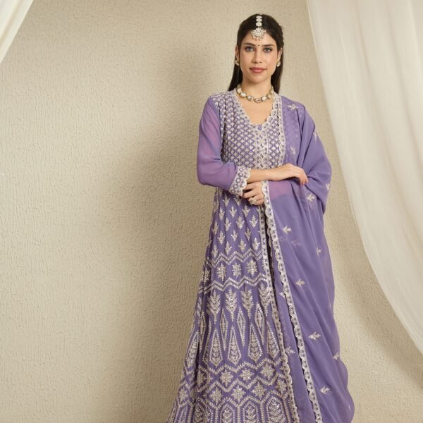 Light Purple Faux Georgette Anarkali Kurta with Lehenga & Dupatta