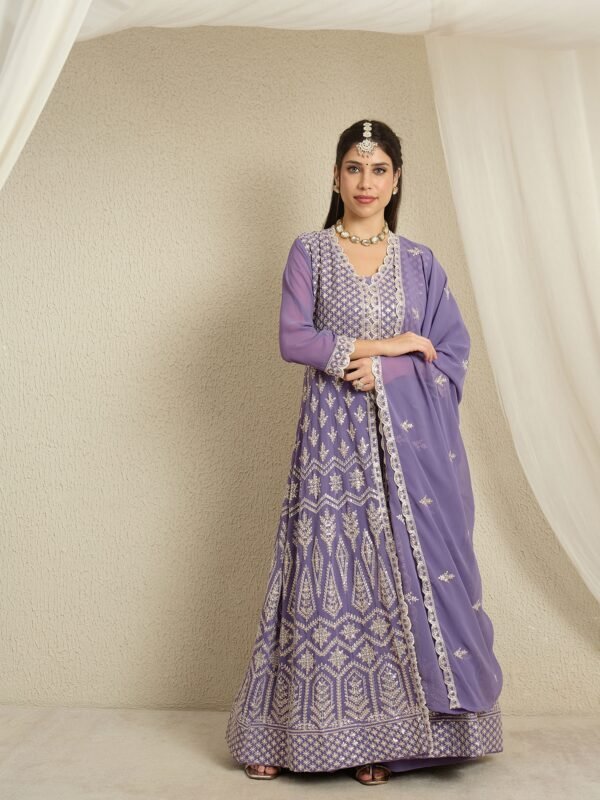 Light Purple Faux Georgette Anarkali Kurta with Lehenga & Dupatta