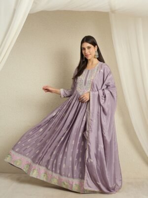 Heavenly Purple Embroidered Chinon Anarkali Gown with Dupatta