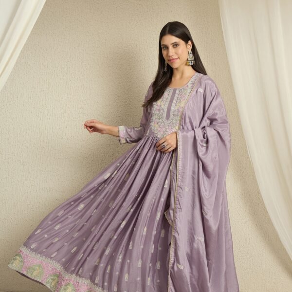 Heavenly Purple Embroidered Chinon Anarkali Gown with Dupatta