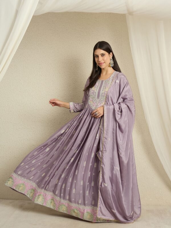 Heavenly Purple Embroidered Chinon Anarkali Gown with Dupatta