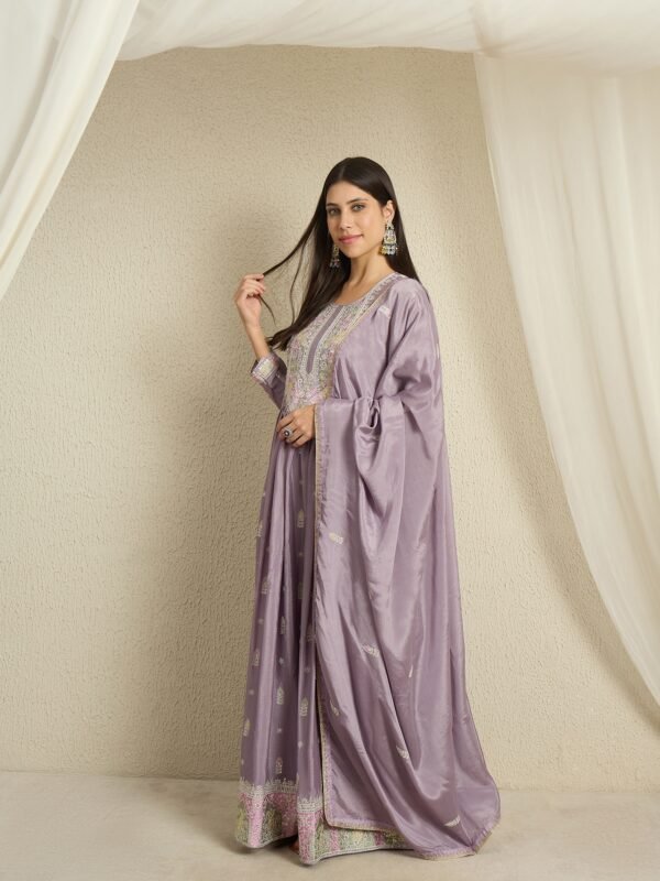 Heavenly Purple Embroidered Chinon Anarkali Gown with Dupatta