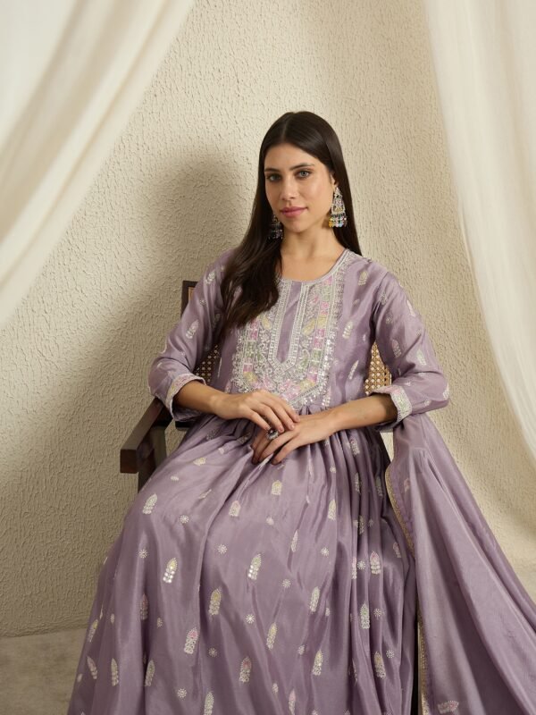 Heavenly Purple Embroidered Chinon Anarkali Gown with Dupatta